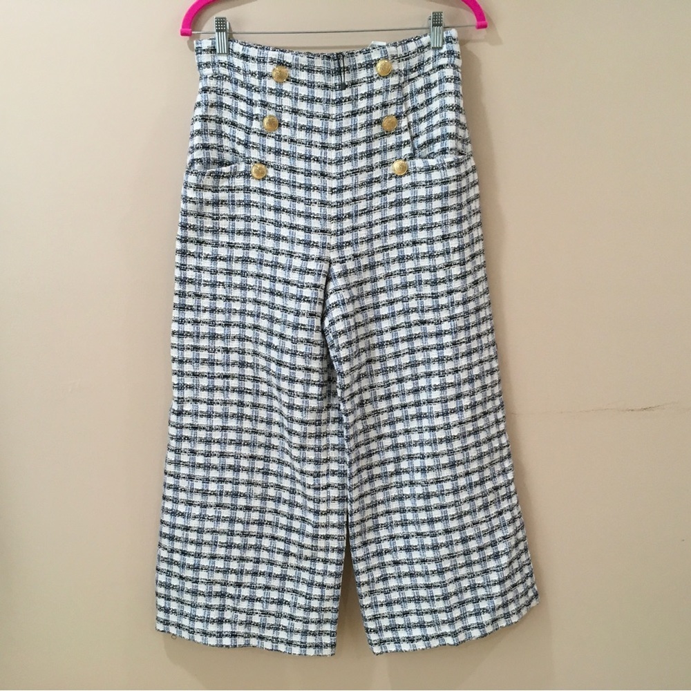 NWOT Zara Womens Wide Leg Plaid  Tweed Culottes Cropped Pants Blue White Size M